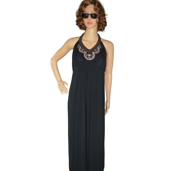 NWT Tommy Bahama Beaded Halter Boho Maxi Dress Black Brown Women's Size Large - Picture 1 of 8
